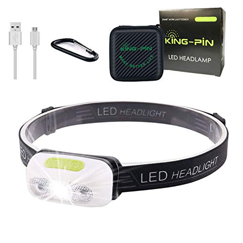 King-Pin KP-1 Recargable por USB, Resistente al Agua, Ligera, 7 Modos de iluminación, Perfecta, Correr, Camping, Ciclismo (Linterna Frontal LED, Sensor de inducción, luz Blanca)