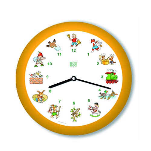 KOOKOO KinderLieder Amarillo, pequeño Reloj de Pared, 21cm, Cada Hora Suena una de 12 Canciones Infantiles conocidas en cítara y Flauta Alta, Sensor de luz