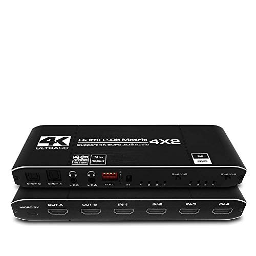 KuWFi Divisor HDMI 4 en 2 Salidas 2020 4K a 60Hz HDMI Matrix 4x2 Switch Splitter Support HDCP 2.2 Control Remoto IR Switch HDMI 4x2 Spdif 4K HDMI 4x2 Matrix Switch