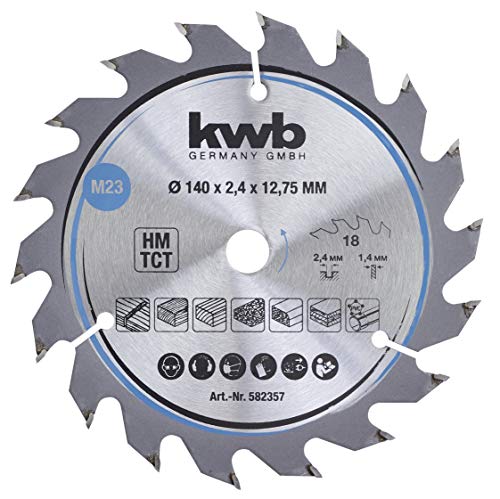 kwb 582357 - Hoja de sierra circular para madera y madera dura, 140 x 12,7 mm, corte limpio, número medio, 18 dientes Z-18, hoja de sierra CleanCut media, 75