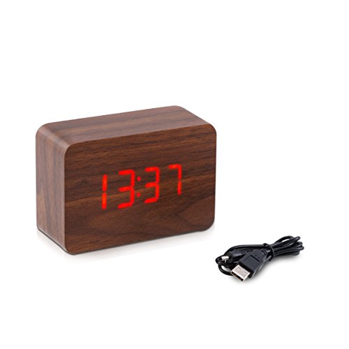 kwmobile Reloj Despertador Digital con Cable USB - Reloj con Pantalla LED y activación táctil - Indicador de Temperatura y Calendario en Madera