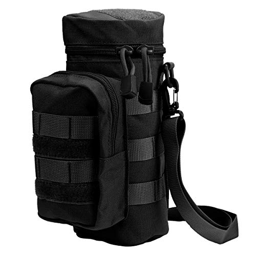 Kyrio Molle Soporte para botella de agua Tactical Military Kettle Canteen Bag Pack Bolso bandolera con bolsa de accesorios adicional y correa de hombro desmontable Negro 750ml