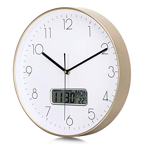 Lafocuse Reloj de Pared Calendario Dorado con Fecha y Termometro LCD Reloj Cuarzo Silencioso Modernos para Oficina Dormitorio Sala 30 cm