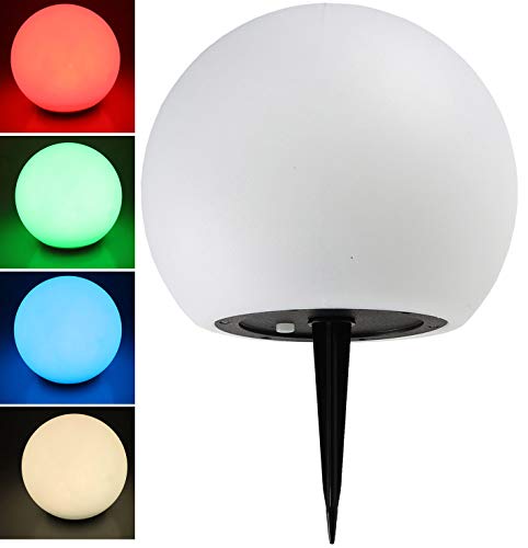 Lámpara solar esférica de 25 cm, LED RGB, luz blanca cálida, con estaca, IP44, resistente a la intemperie, sensor crepuscular, carcasa de plástico blanca, 7 colores ajustables
