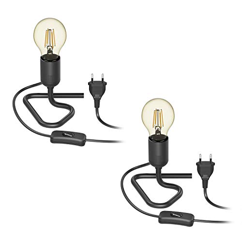 ledscom.de Lámpara de mesa TRIN con portalámparas E27 Base triangular negra con enchufe e interruptor + lámpara LED 480lm oro vintage blanco extra cálido, 2 piezas.