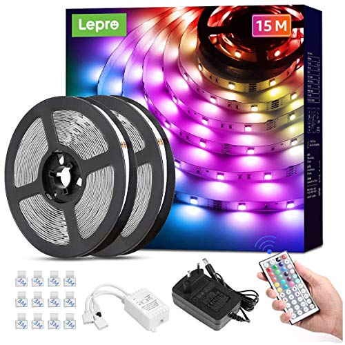Lepro Tira Luz RGB 15M, Tira LED 5050 SMD, Tiras Luces LED RGB con Función de Memoria, Voltaje de Entrada 12V, Ángulo de Haz 120°, Fuente de Alimentación y Controlador Incluidos