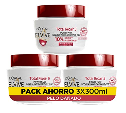 L'Oréal Paris Elvive Total Repair 5 Mascarilla Reparadora, pack de 3 unidades x 300 ml, total 900 ml