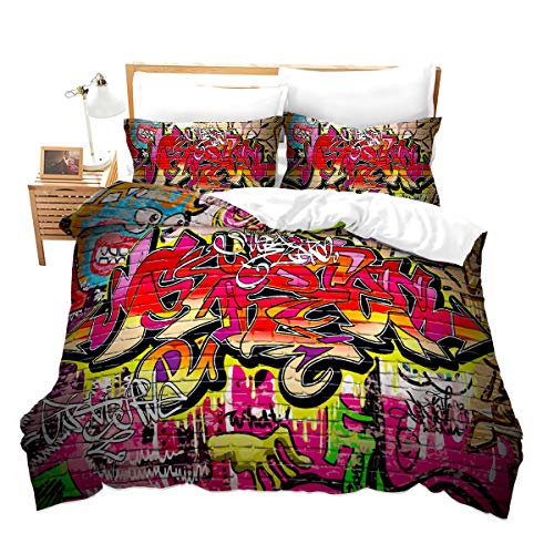 Loussiesd Juego de cama infantil con diseño de grafiti de Sreet Art de diseño 3D, funda de edredón con funda de almohada de 135 x 200 cm + 80 x 80 cm, para cama individual, para niños y niñas