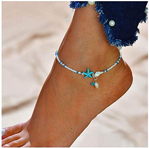 LucBuy Boho Tobilleras, Azul Estrella de Mar Tortuga de múltiples Capas del Encanto de los Granos Playa Hecha a Mano Tobilleras Joyería del pie Regalos para Mujeres niñas (Perla)
