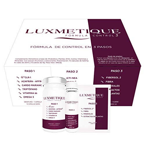Luxmetique Fórmula Control 3 - complemento alimenticio creado para ayudar a regular y equilibrar la línea. 399,9 g - 15 cápsulas de 520 mg, 15 viales de 20 ml y 15 sobres de 4 g