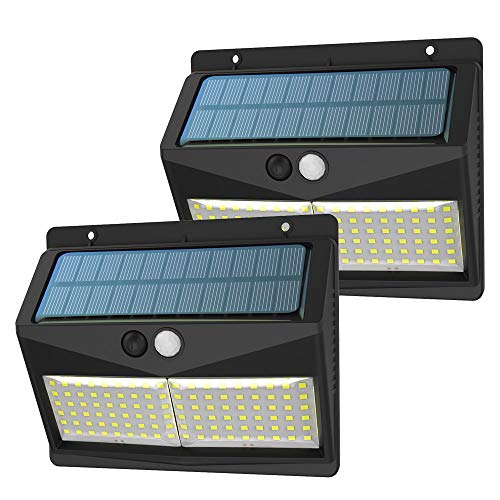 Luz Solar Exterior, 【3 Modos 108 LED - Super Brillante】SINJIAlight 180 Grados Foco Solar con Sensor de Movimiento IP65 Impermeable Lámpara Solar 2000mAh para Jardín - 2 Paquete