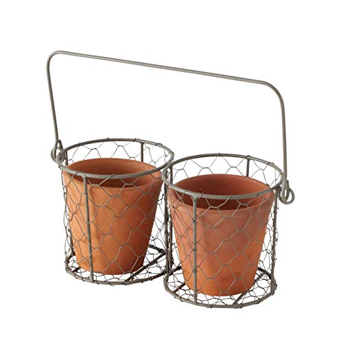 Macetas de arcilla en cesta de alambre, 12 cm de alto, 25 cm de ancho.