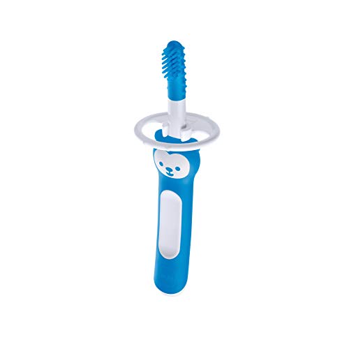 MAM - Cepillo de masaje con cerdas de silicona blandas para bebés para la limpieza diaria de los dientes, para aliviar el dolor de dientes, a partir de 3 meses, color azul