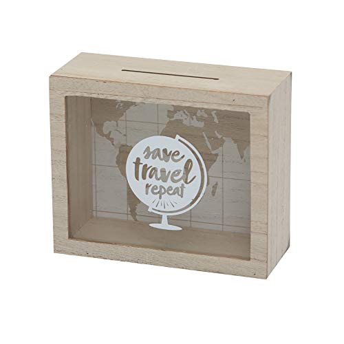 Marco de fotos y hucha de madera para viajes con el texto «Save, travel, repeat» de 18 cm