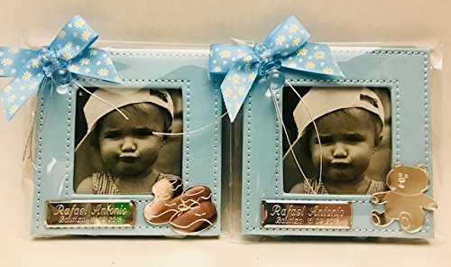 Marcos fotos para invitados bautizo niño GRABADOS PERSONALIZADOS pequeños bebe (pack 12 unidades) portafotos azules