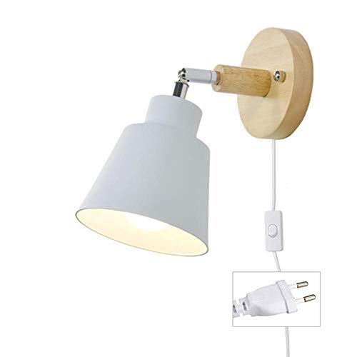 MBWLKJ Lámpara de pared con cable para enchufe, color blanco, E27, de madera, con interruptor, moderna lámpara de lectura, lámpara de pared, foco interior con interruptor, para salón o dormitorio