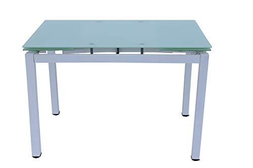 Mesa de comedor extensible, 110 x 70 x 74 cm, estructura de metal blanco y parte superior de cristal templado. Mesa de comedor extensible, 110 x 70 x 74 cm, estructura de metal blanco y parte superior de cristal templado.