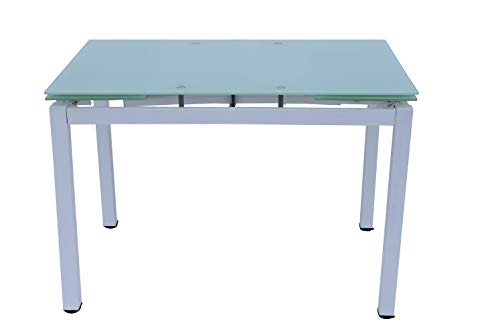 Mesa de comedor extensible, 110 x 70 x 74 cm, estructura de metal blanco y parte superior de cristal templado.