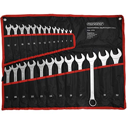 Monzana Juego de 25 llaves fijas de 6 hasta 32 mm piezas herramientas en cromado mate con bolsillo enrollable Monzana Juego de 25 llaves fijas de 6 hasta 32 mm piezas herramientas en cromado mate con bolsillo enrollable