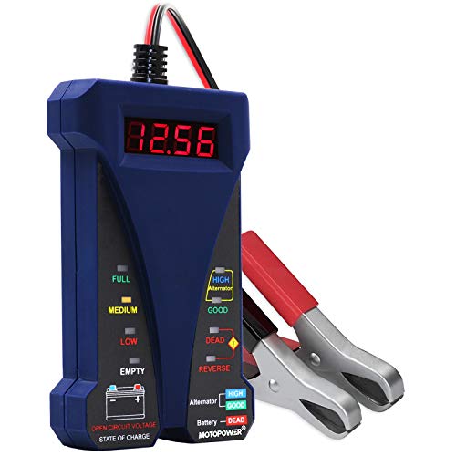 MOTOPOWER MP0514B Analizador del sistema de carga del voltímetro y alternador del probador digital de batería de 12 V con pantalla LCD e indicador LED de pintura de goma azul