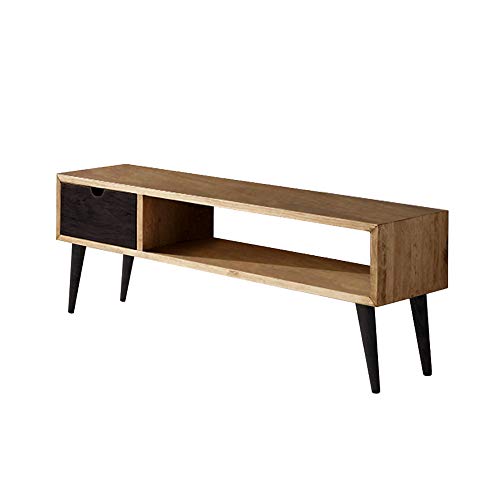 Mueble televisión de Estilo escandinavo, Acabado Encerado y Negro, Madera Maciza Pino 100% Natural, Dispone de un cajón y un Estante. Medida: Ancho: 100 cm x Fondo: 30 cm x Alto: 40 cm