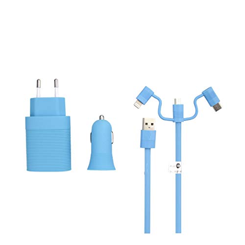 Muvit Life Pack Cargador de Coche USB+Cargador de casa USB+Cable 3 en 1 Micro USB, Tipo C y Lightning Azul