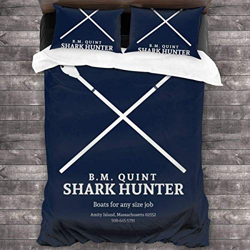 N \ A Jaws BM Quint Shark Hunter - Juego de cama de 3 piezas con funda de edredón de 2016 x 180 cm, 3 piezas decorativas con 2 fundas de almohada