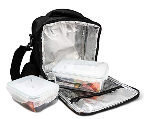 NERTHUS Lunch Bag Plástico Fiambrera bolsa termica porta alimentos, negra + 2 tupper, Tela Resistente, Con 2 Herméticos, Con 2 Tuppers