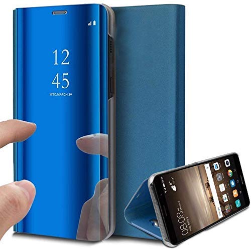 Oihxse Espejo Funda Compatible con Samsung Galaxy J7 Duo 2018 Carcasa Ultra Slim Mirror Flip Translúcido View Tipo Libro Tapa Standing 360°Protectora PC + PU Cover Anti-Scratch Caso(Azul)
