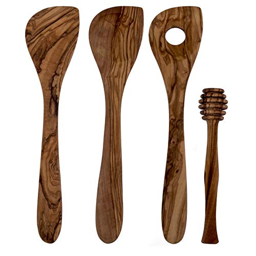OneWess Juego de utensilios de cocina prémium de madera de olivo, 4 piezas, juego de utensilios de cocina, compuesto por cuchara, espátula y cuchara para miel