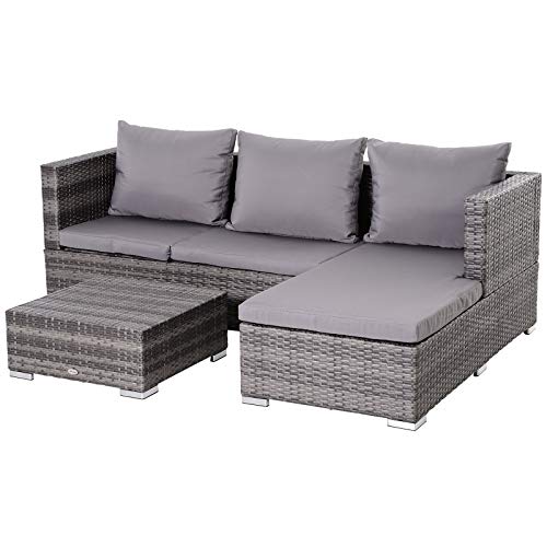 Outsunny Conjunto de Sofás de Ratán 3 Piezas con Chaiselongue y Mesa de Centro Almacenaje Respaldo Ajustable en Altura Alta Comodidad Color Gris