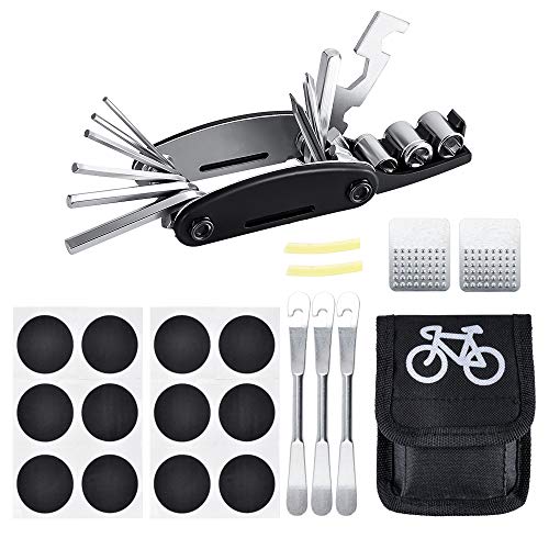 Oziral Mini Kit de Herramientas para Bicicleta 16 en 1 Reparación de Pinchazos Bicicleta con Kit de Parche y Palancas para Neumáticos, Herramienta Bici Multifunción Portátil Compacta