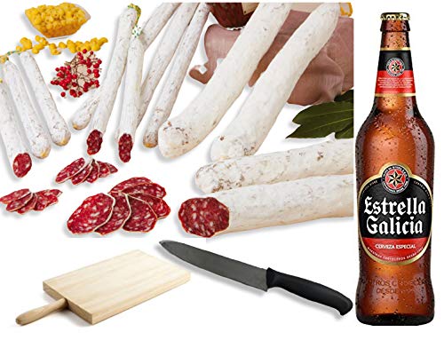 Pack FUET + CERVEZA. Pack de 3 Fuets - BonBouquet - y Estrella Galicia 6 ud. x 25 cl. (Fuets Variados + Cervezas + Tabla + Cuchillo de Corte) (FUETS VARIADOS)