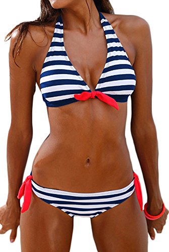 PANOZON Bikinis Mujer Bañador Sexy Traje de Baño Push Up Colgando al Cuello 2 Colores Opcionales (Medium, Azul-1)