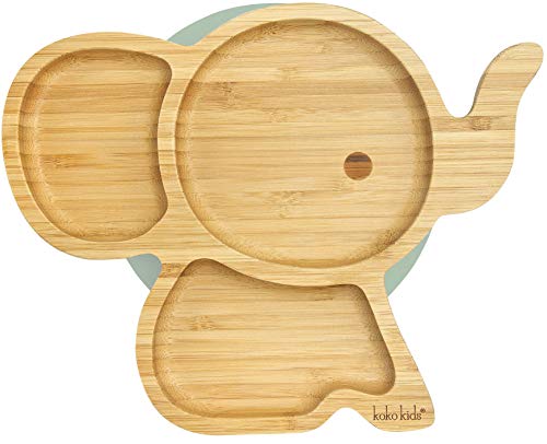 Plato Bambu de Elefante con Ventosa ~ Hecha de Bambú Natural ~ Plato de alimentación para bebés y niños pequeños con un aro de succión fuerte