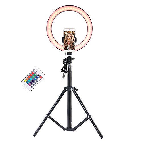 Powstro Lámpara LED para Selfies de 10.2 Pulgadas, Flash de Anillo con trípode retráctil y Control Remoto, Hay Cuatro Modos de iluminación, para Selfie Video en Vivo de Youtube