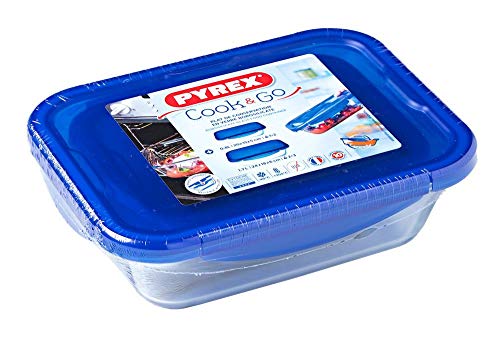 Pyrex Cook&Go - Set de 2 recipientes rectangulares, 80 / 170 cl, transparente + tapa, color azul