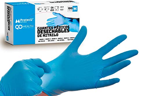QD HEALTH Guantes desechables de Nitrilo - Cajas de 100 unidades - Talla M - Sin Polvo - sin Latex - Texturizado - Color Azul - Suaves y elásticos
