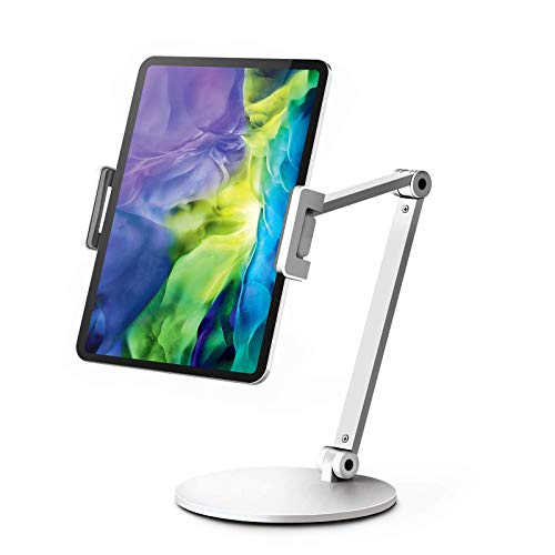 QinCoon Soporte Tablet, Soporte Ajustable de Aluminio de Alta Resistencia con Brazos de 2 Niveles, Stand de Multiángulo Adecuado para iPad, Samsung Tab, Kindle (4,7-13") (Blanco)