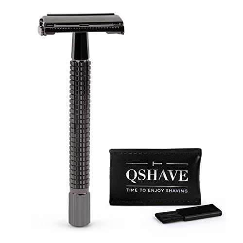 QSHAVE - Maquinilla de afeitar con sistema de seguridad/ apertura de mariposa con mango largo (11,5 cm) color metálico (1 maquinilla + 1 funda de protección + 1 cepillo de limpieza)