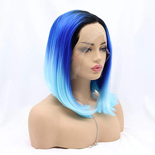 RainaHair Peluca Bob negra azul sintética de encaje frontal Ombre pelucas cortas para mujeres azul cielo Cosplay parte lateral taladro azul fiesta 14 pulgadas