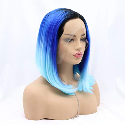RainaHair Peluca Bob negra azul sintética de encaje frontal Ombre pelucas cortas para mujeres azul cielo Cosplay parte lateral taladro azul fiesta 14 pulgadas RainaHair Peluca Bob negra azul sintética de encaje frontal Ombre pelucas cortas para mujeres azul cielo Cosplay parte lateral taladro azul fiesta 14 pulgadas