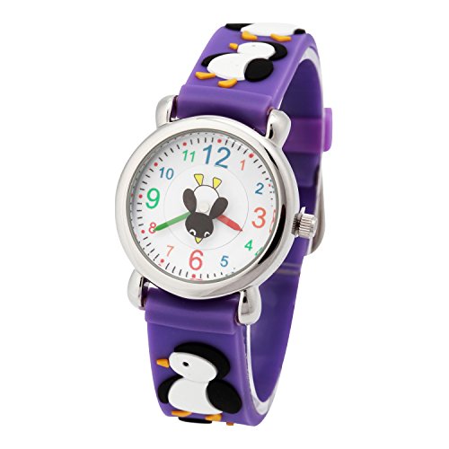 Reloj para Niños de Vinmori, Reloj de Cuarzo con Dibujos Animados Bonitos en 3D Resistente al Agua. Regalo para Chicos, Niños y Niñas (Penguin-Purple)