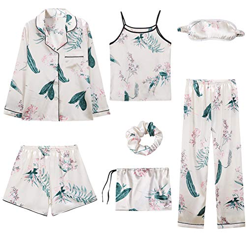 Rojeam Pijamas de satén de Seda para Mujer Ropa de Dormir de Manga Larga 7 Piezas Conjunto de Pijama Loungewear(Césped,XL)