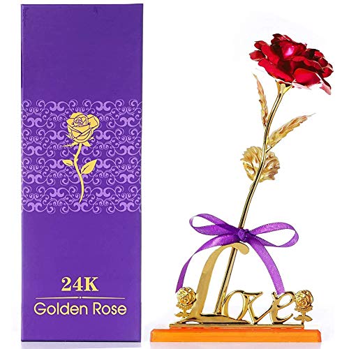 Rosa Eterna 24K Flores Artificiales Chapado en Oro Rosa, Flor de Rosa Artificial con Love Base y Caja de Regalo para San Valentín, Navidad, cumpleaños ,Aniversario de Regalo