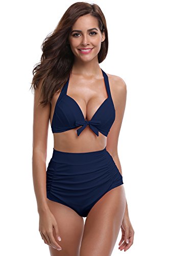 SHEKINI Mujer Triángulo Push up Bikini Set Cintura Alta Braguitas Arruga Trajes de Baña Bañador De Dos Piezas Conjuntos (Large, Azul Oscuro)