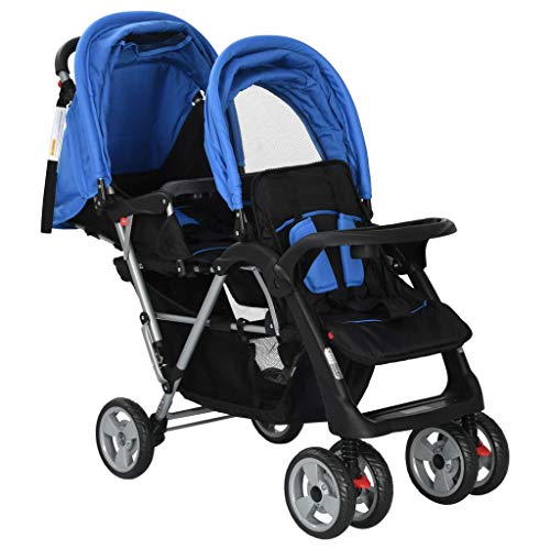 Silla Gemelar para Bebés Tandem,Carrito Gemelar,Cochecito Gemelos Doble,Ligera y Compacta,con Cesta Grande y Ruedas Bloqueables,Adecuado para Niños de 6-36 Meses 120 x 57 x 44 cm (Azul y Negro)