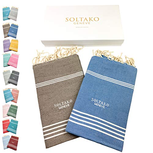 SOLTAKO 2 toallas de playa Fouta, tamaño XXL, 100 x 200 cm, para sauna, baño, yoga, pestemal, en color gris y azul vaquero