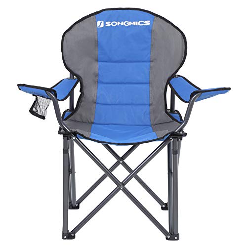 SONGMICS Silla de Camping Plegable, con Cómodo Asiento de Esponja, Portavasos, Estructura de Alta Resistencia, Capacidad de Carga Máxima 250 kg, Silla para Exterior, Azul GCB06BU