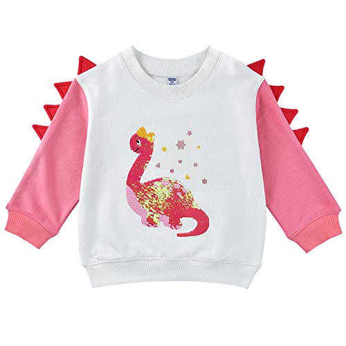 Sudadera de Dinosaurio para Bebé Niña - Pull-Over Camiseta de Manga Larga 100% algodón Lentejuela Reversible Ropa de Otoño(Blanco, 4 años)